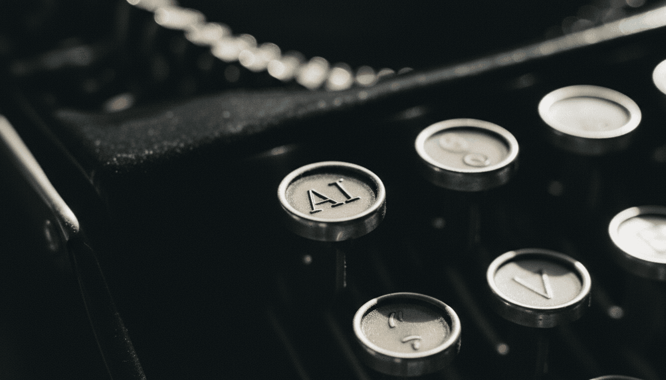 close-up of a metal typewriter key with AI letters