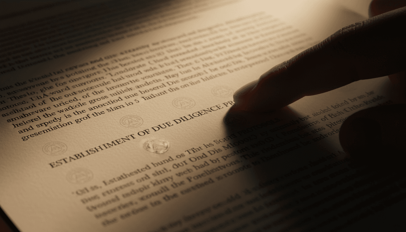 Close-up of a printed legal document on thick paper, a finger tracing a dense line of text, warm desk lamp glow casting long shadows.