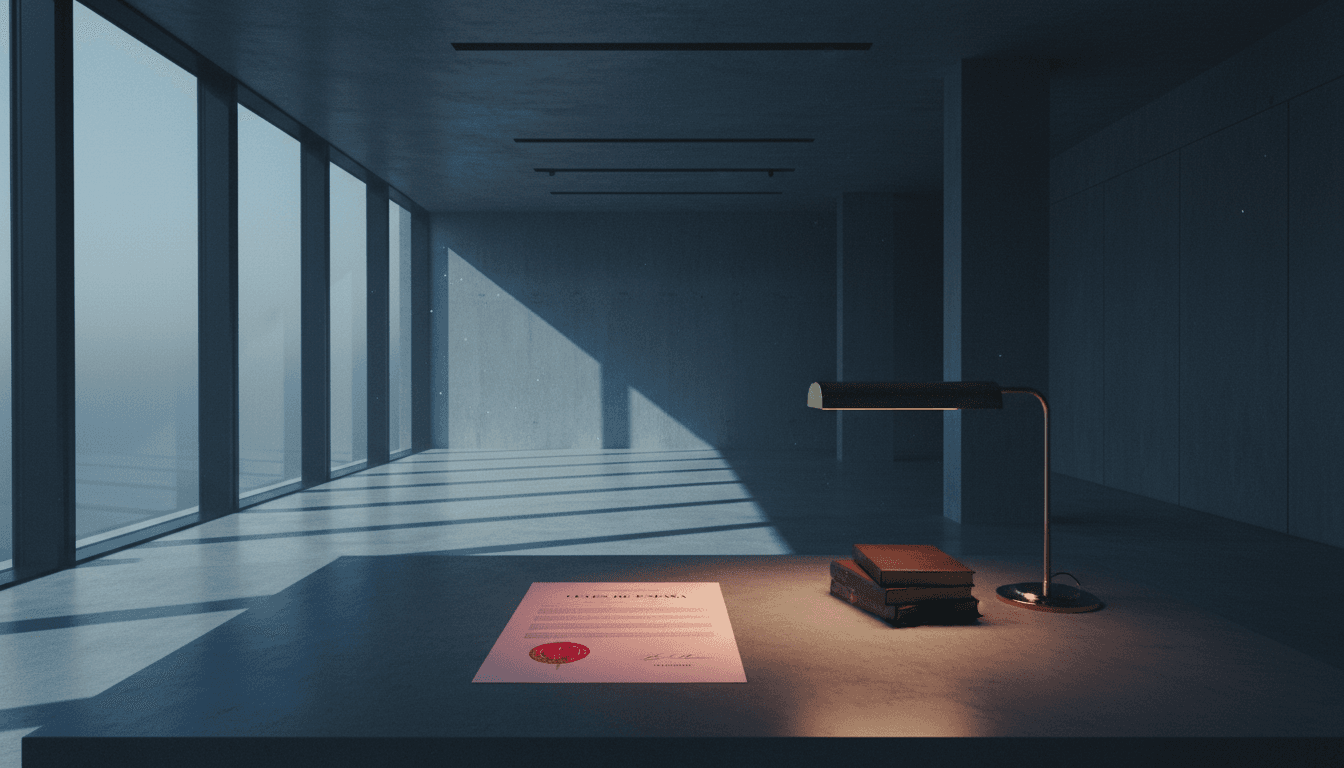 legal document with seal on concrete table in Madrid architectural space