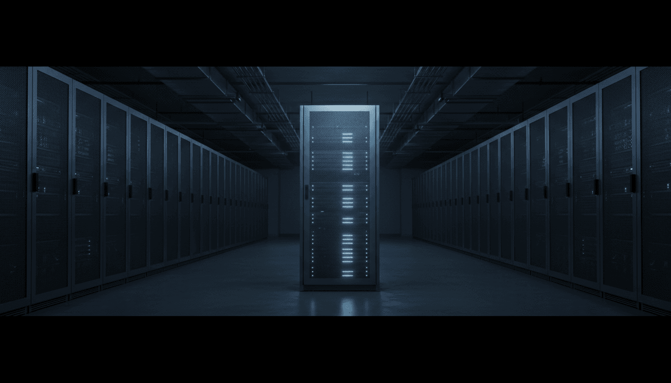 Dimly lit server room with blue indicator lights on equipment racks
