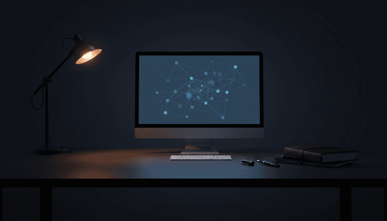 Legal-tech workspace with monitor showing abstract legal-logic interface in a dim, sharply lit room