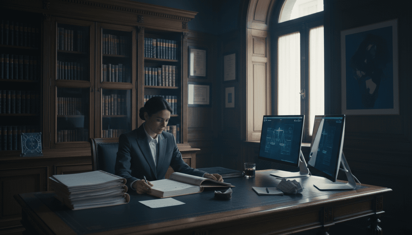Legal professional reviewing documents in a Madrid office with dramatic lighting
