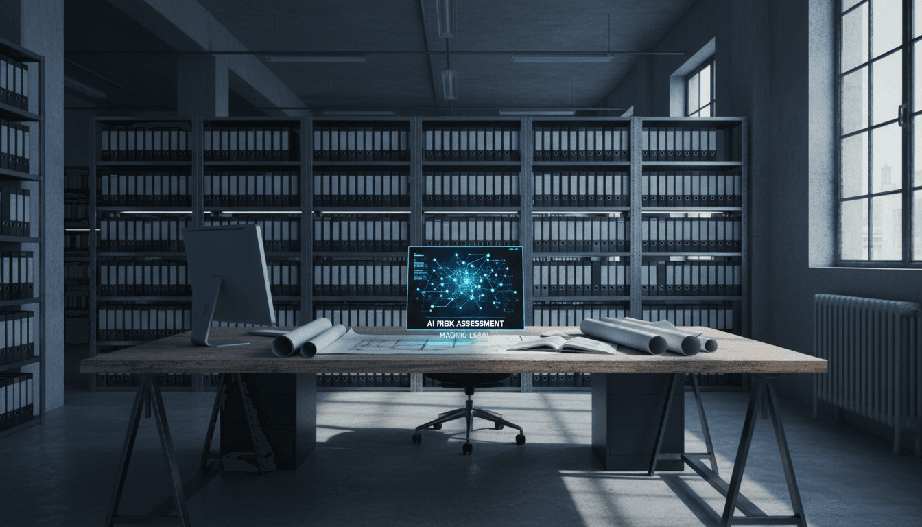 Workspace with AI risk matrix on tablet and architectural documents