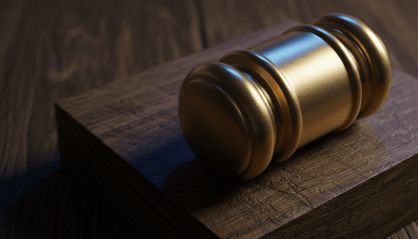 Close-up of gavel on polished oak block with blue LED reflection