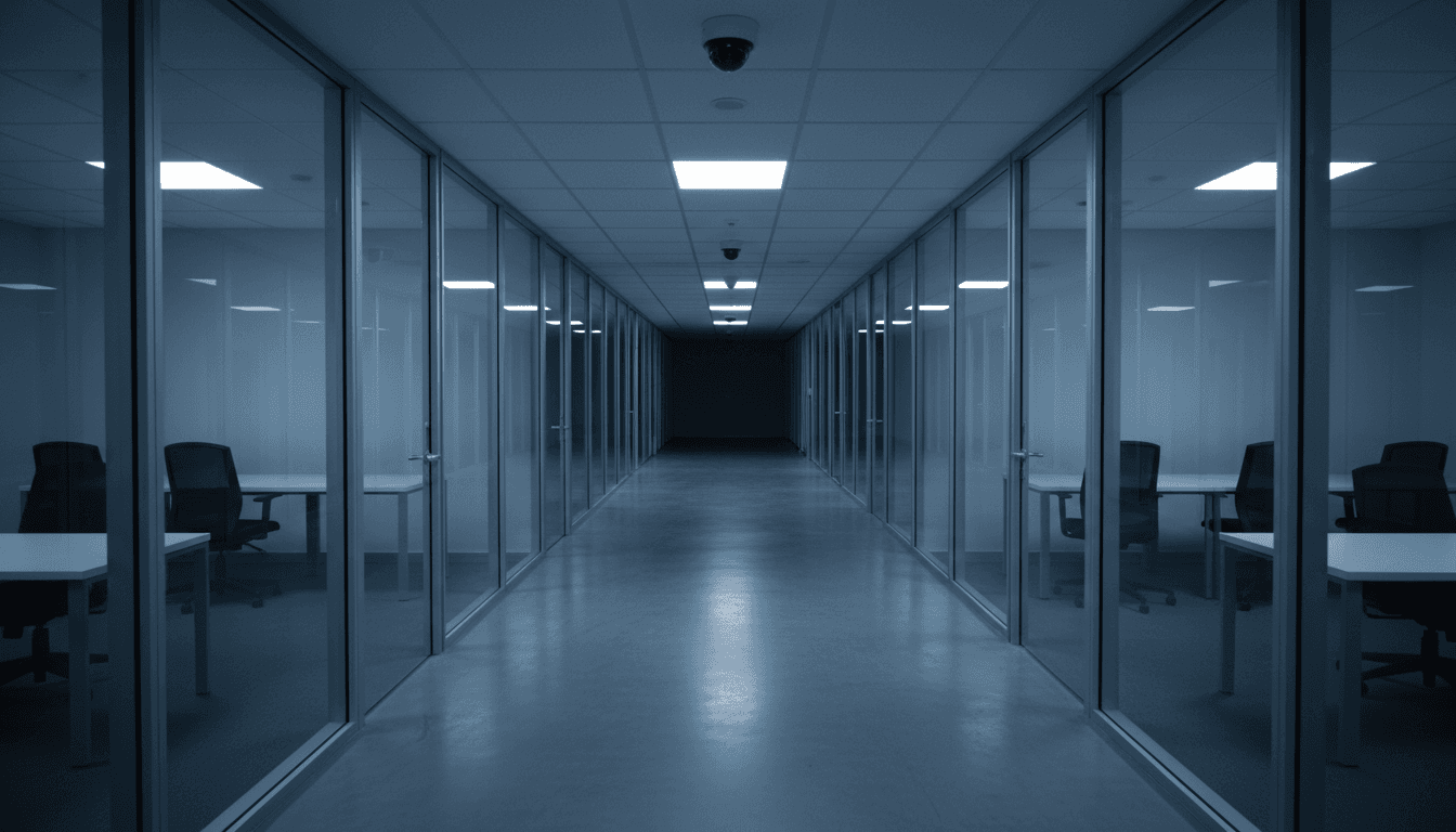 Long modern corridor with glass walls and ceiling cameras, creating a sense of controlled institutional architecture