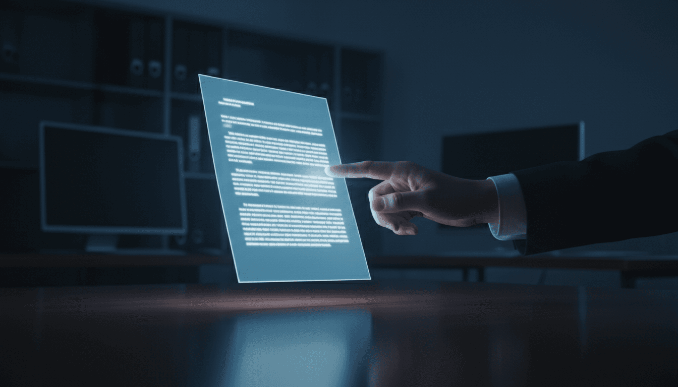 Medium shot of a hand pointing at a blurred holographic legal document, dark office setting