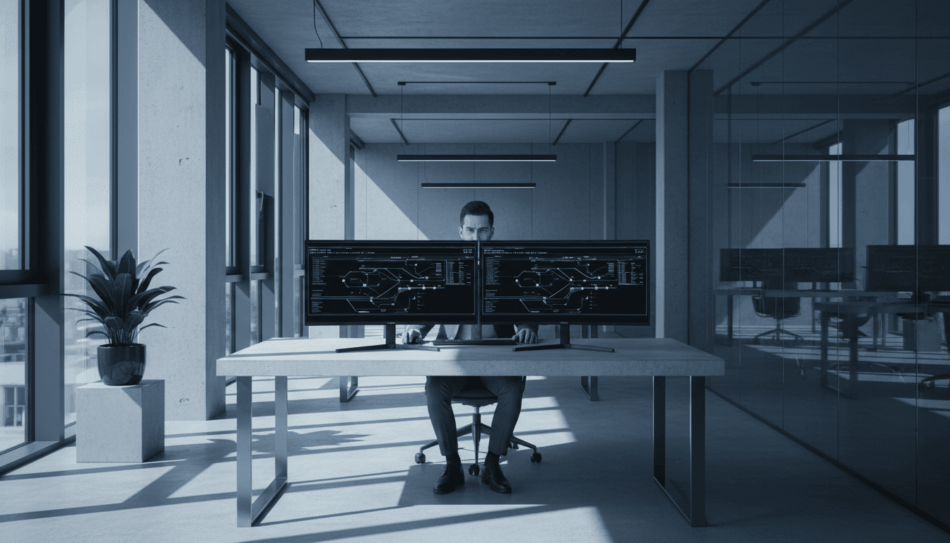 Legal-tech workspace in Madrid with evidence schemas on monitors