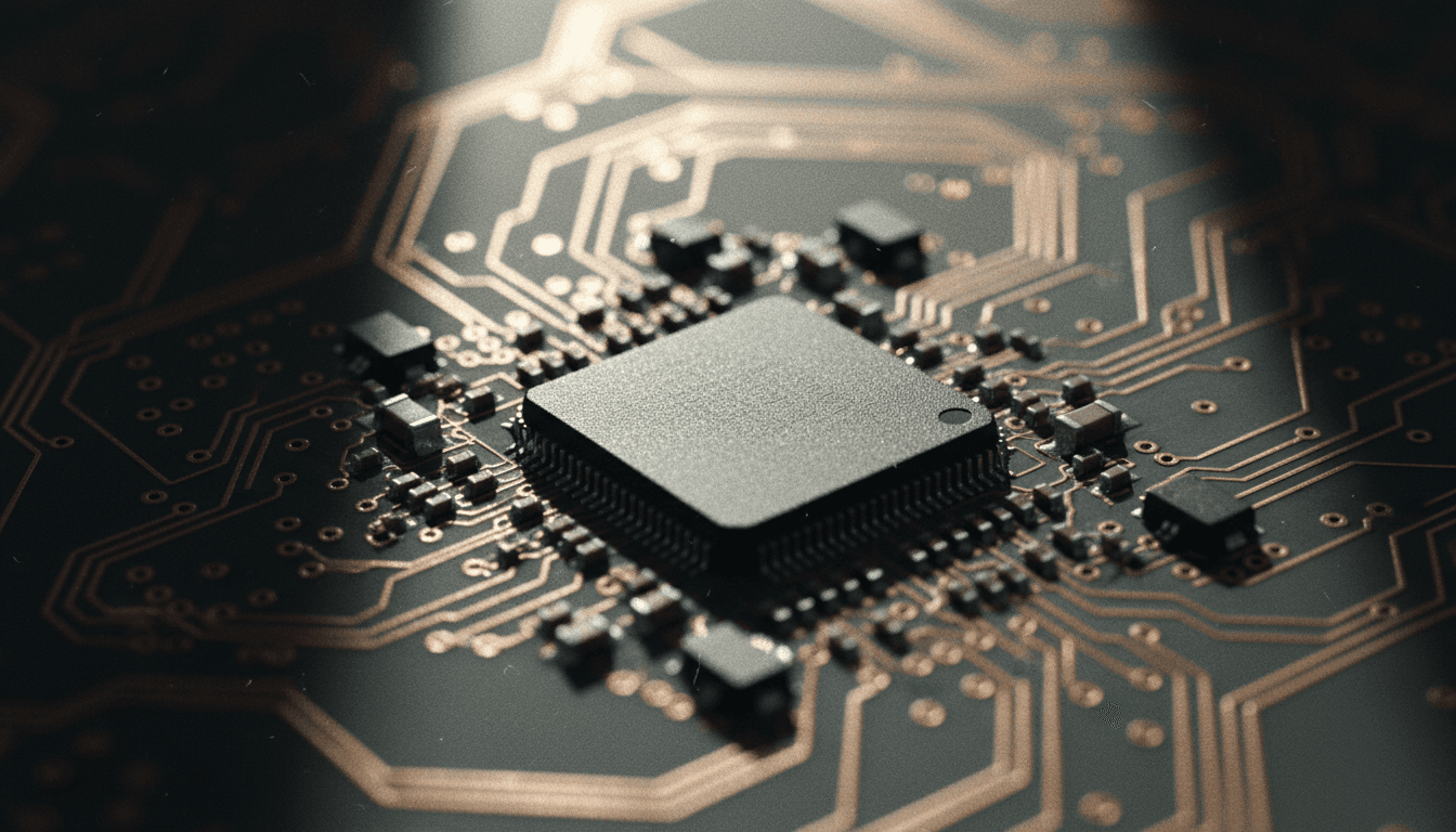 Technical intelligence core processor chip with neural data flow on a dark navy circuit board