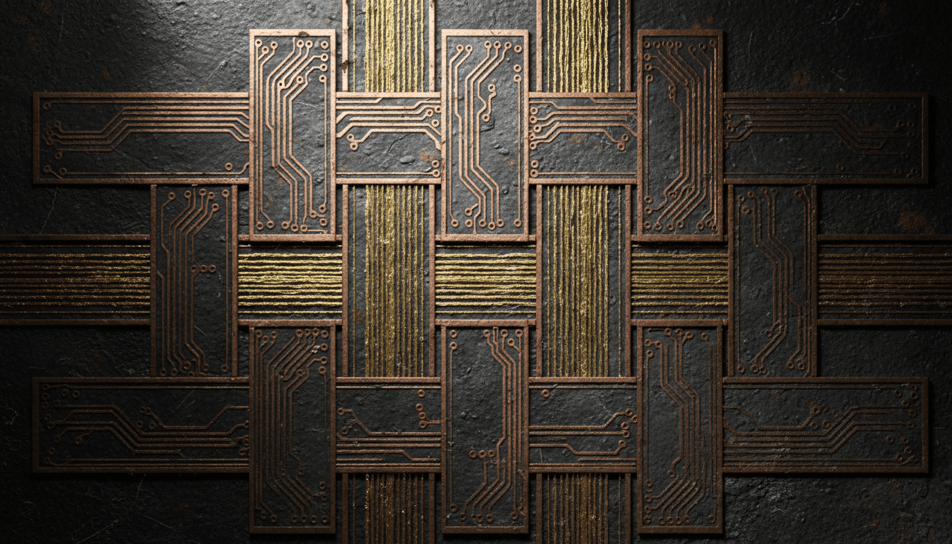 Close-up of circuit-board trace pattern with gold legal seal threads