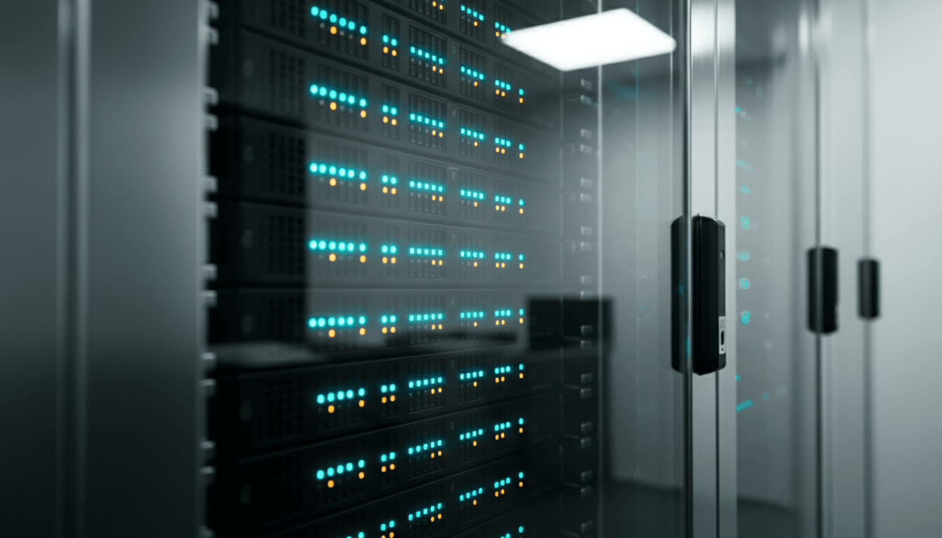 Close-up of server rack with blinking indicator lights behind glass door