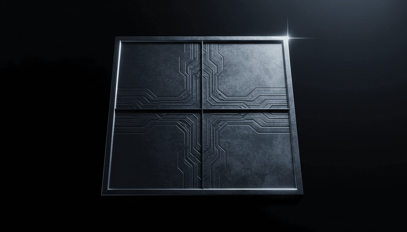 Close-up of a metallic geometric grid with circuit-like etching, dark background, sharp highlights