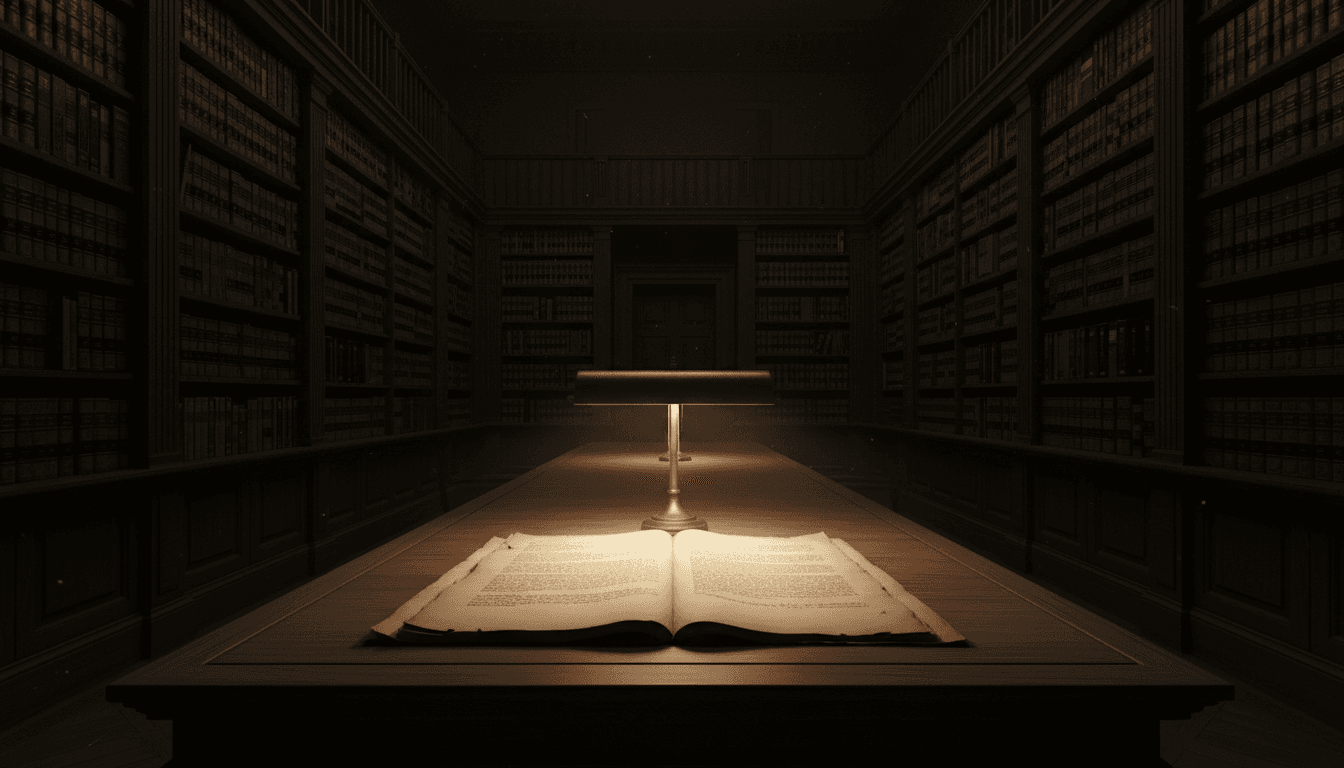 Open legal document on a wooden table under a desk lamp in a dim library