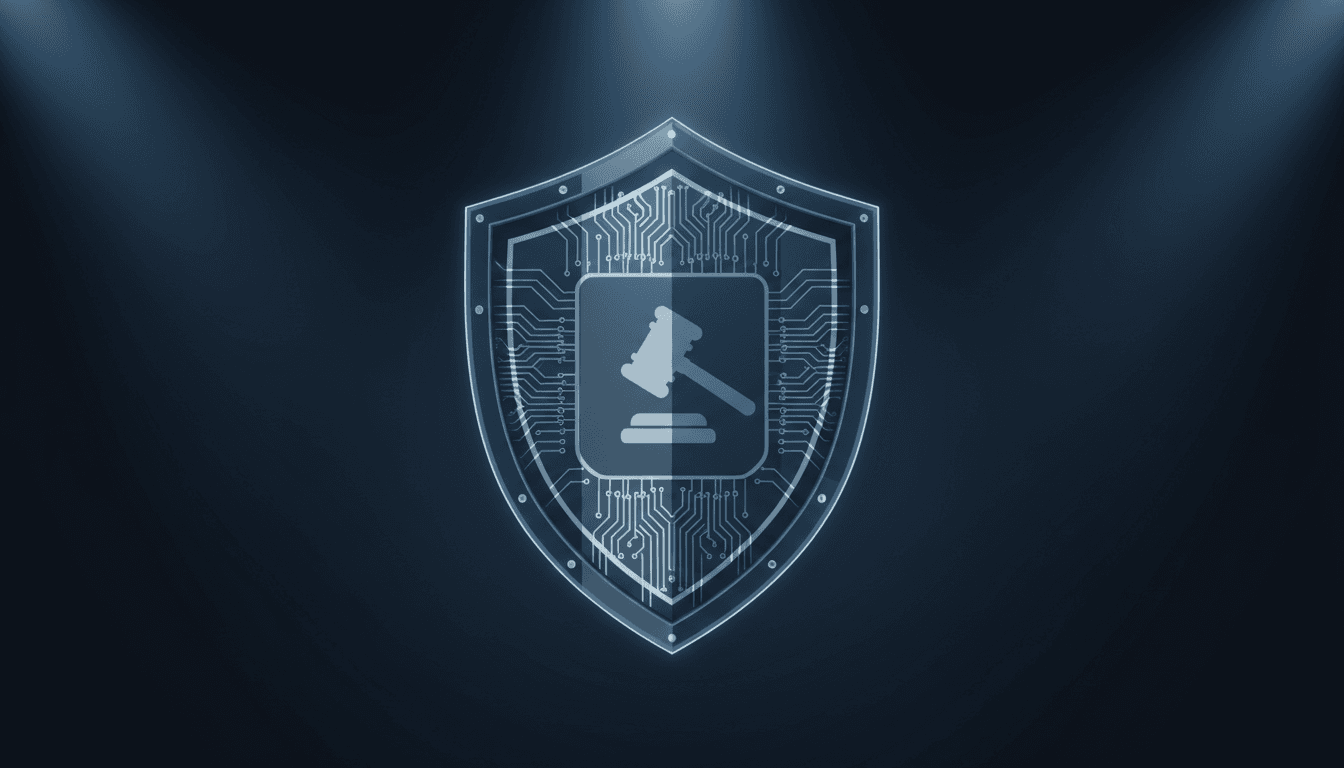Translucent digital shield with circuit traces and gavel silhouette