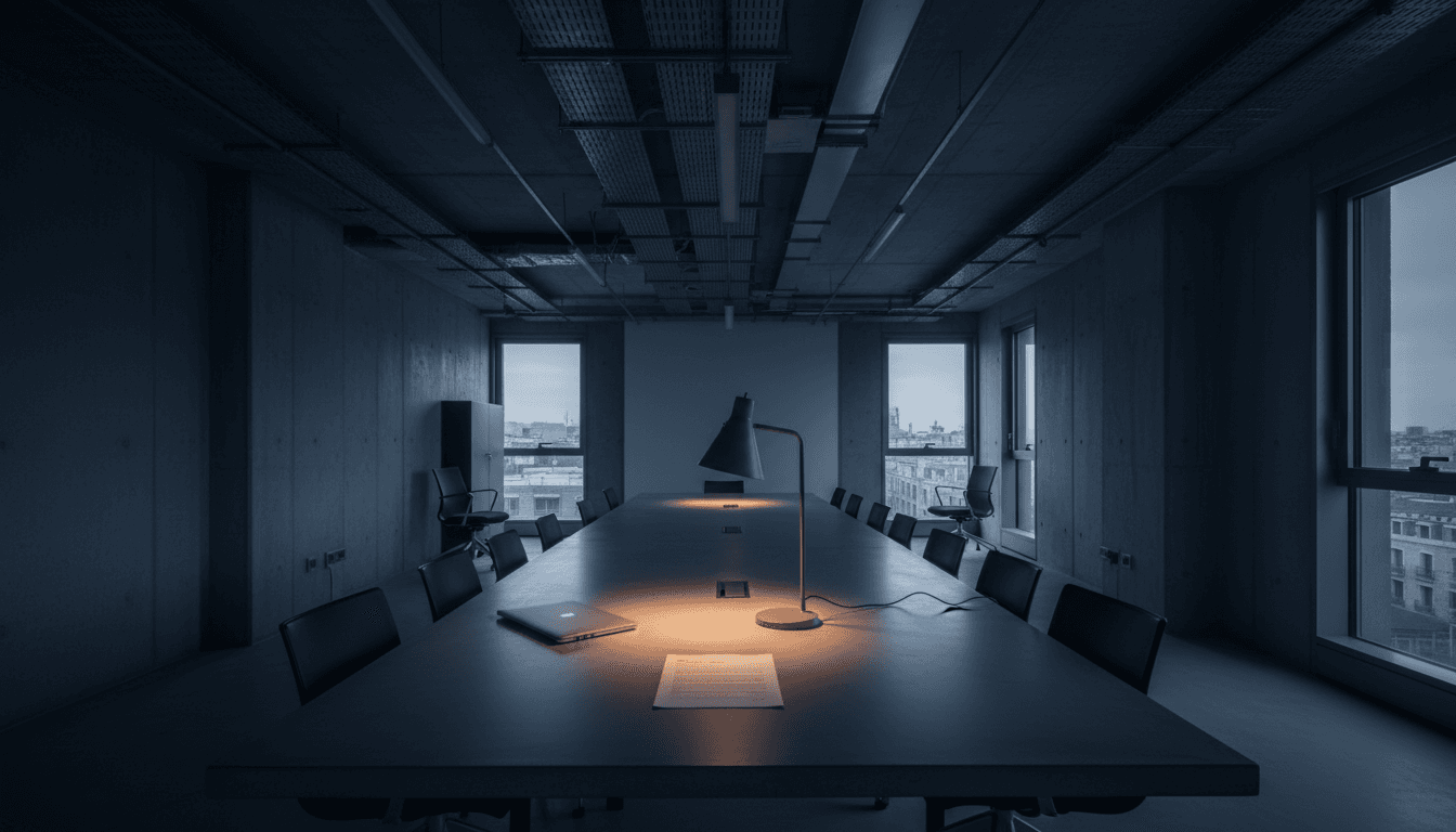 Dark, empty boardroom with a single document illuminated by a desk lamp