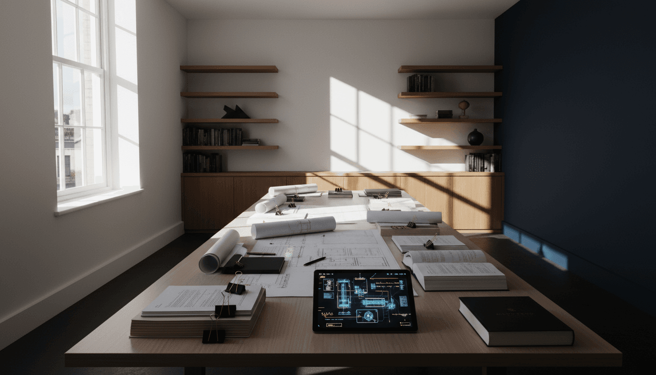 Sunlit legal-tech office workspace in Madrid with documents and architectural blueprints on table