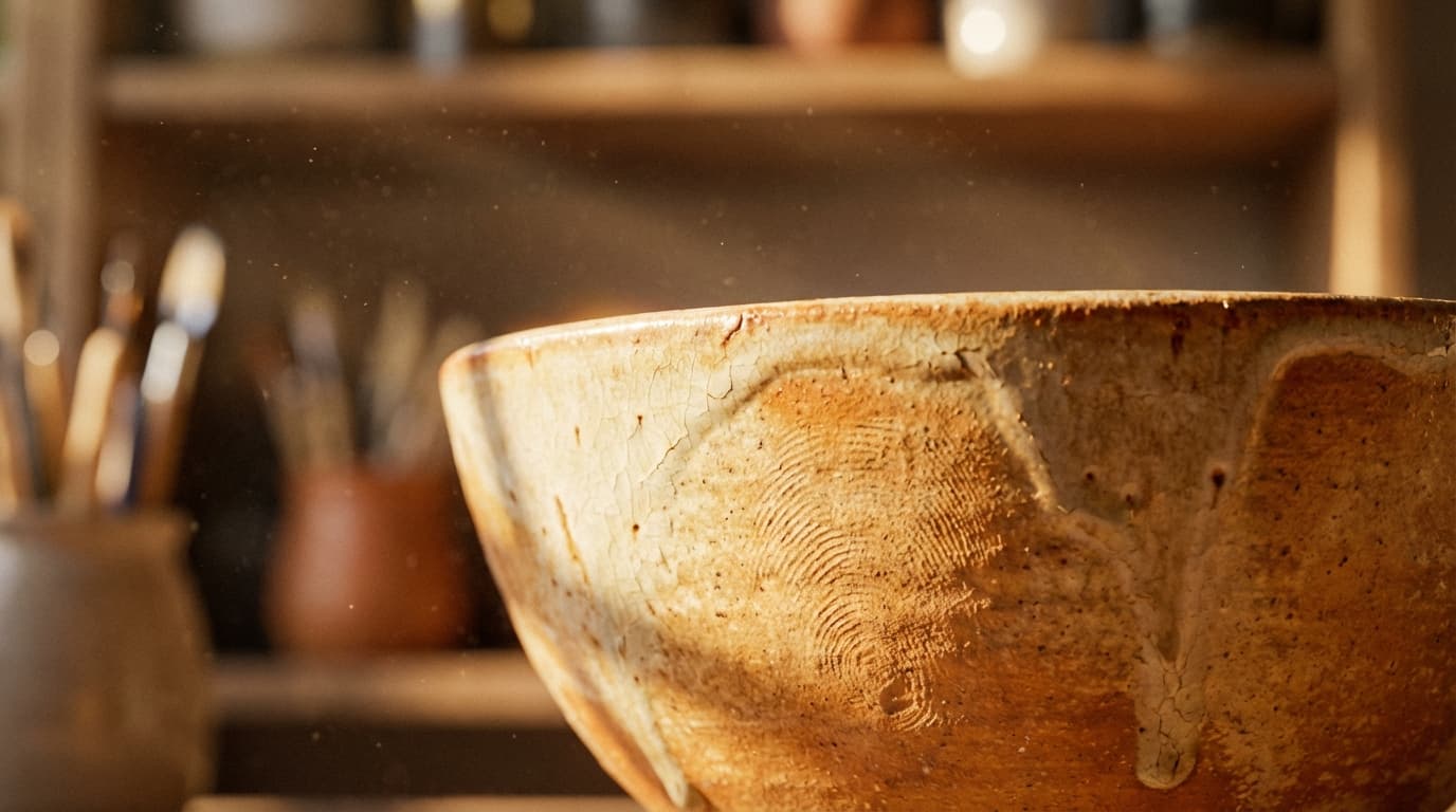 A close-up of a pristine white ceramic bowl with a gold rim on a dark navy fabric surface.