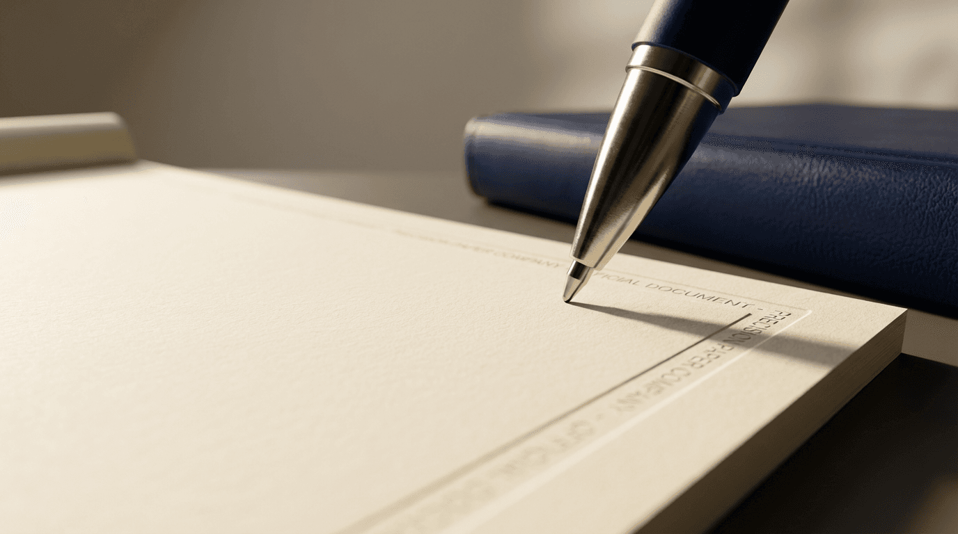 Close-up of legal document with gold embossed seal and navy pen