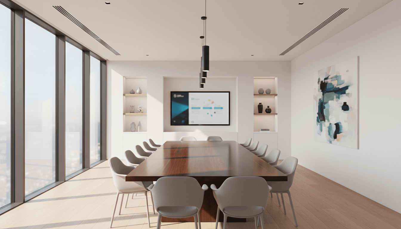 Modern glass-walled conference room with oak table and gold accents in Madrid