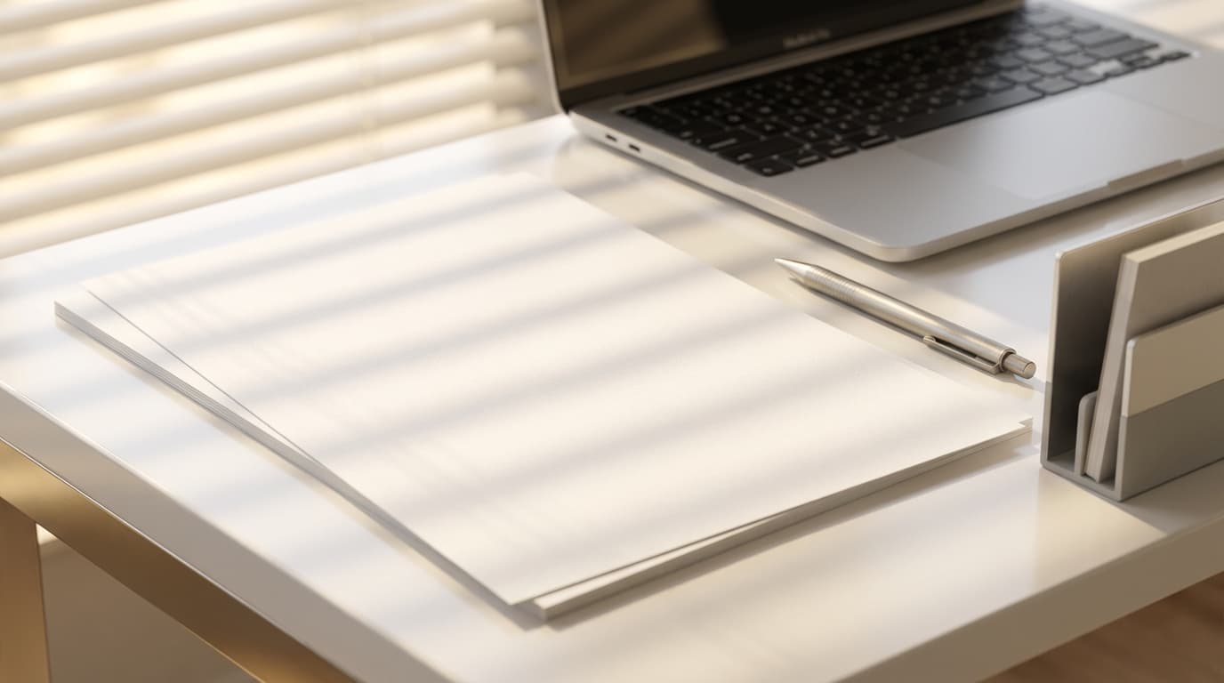 Minimalist desk with legal documents and gold paperclip